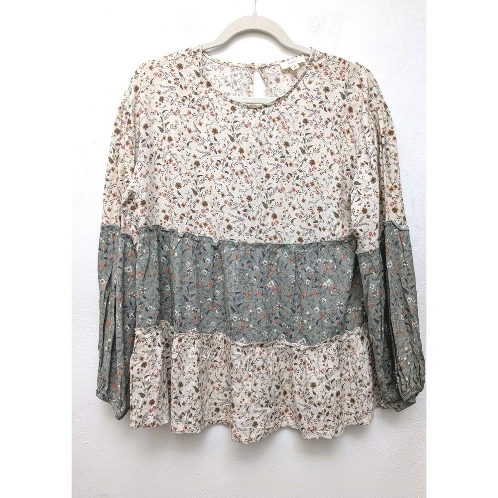 Women's Blouse Ott Floral Ruffle Sheer Long Sleeve Ivory Green Size Small EUC